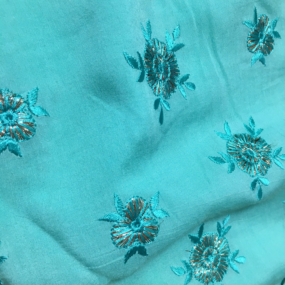 Deep Sky Blue Chanderi Embroidery Fabric