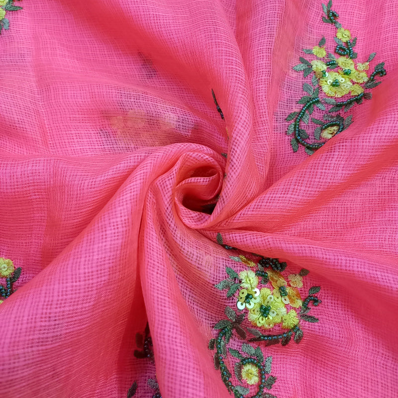 Punch Pink Color Kota Fabric With Floral Embroidery