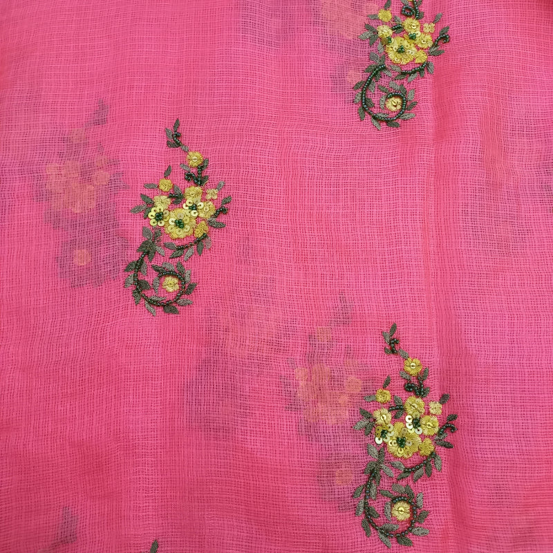Punch Pink Color Kota Fabric With Floral Embroidery