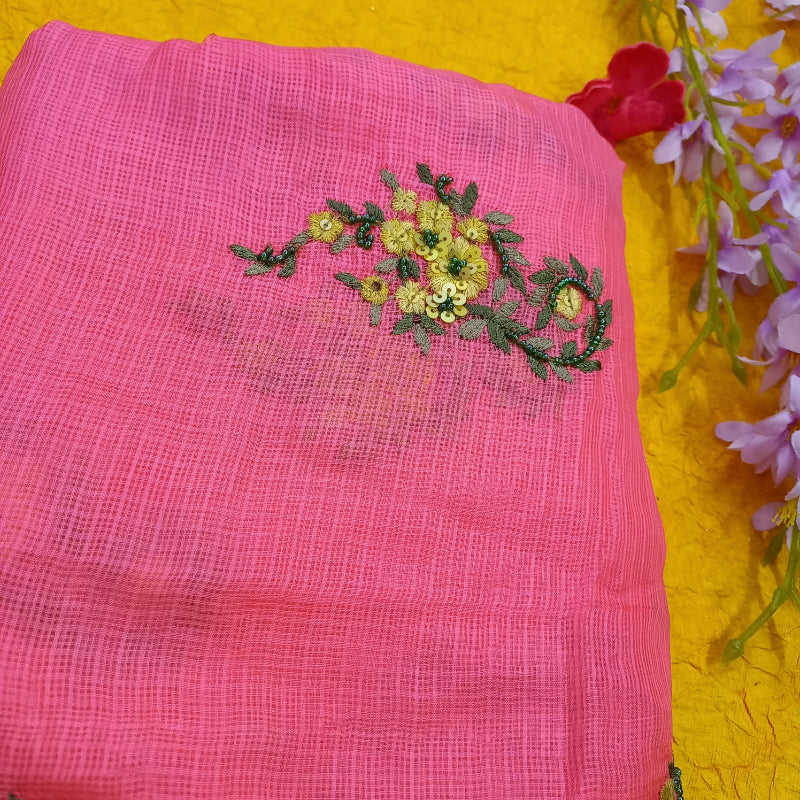 Punch Pink Color Kota Fabric With Floral Embroidery