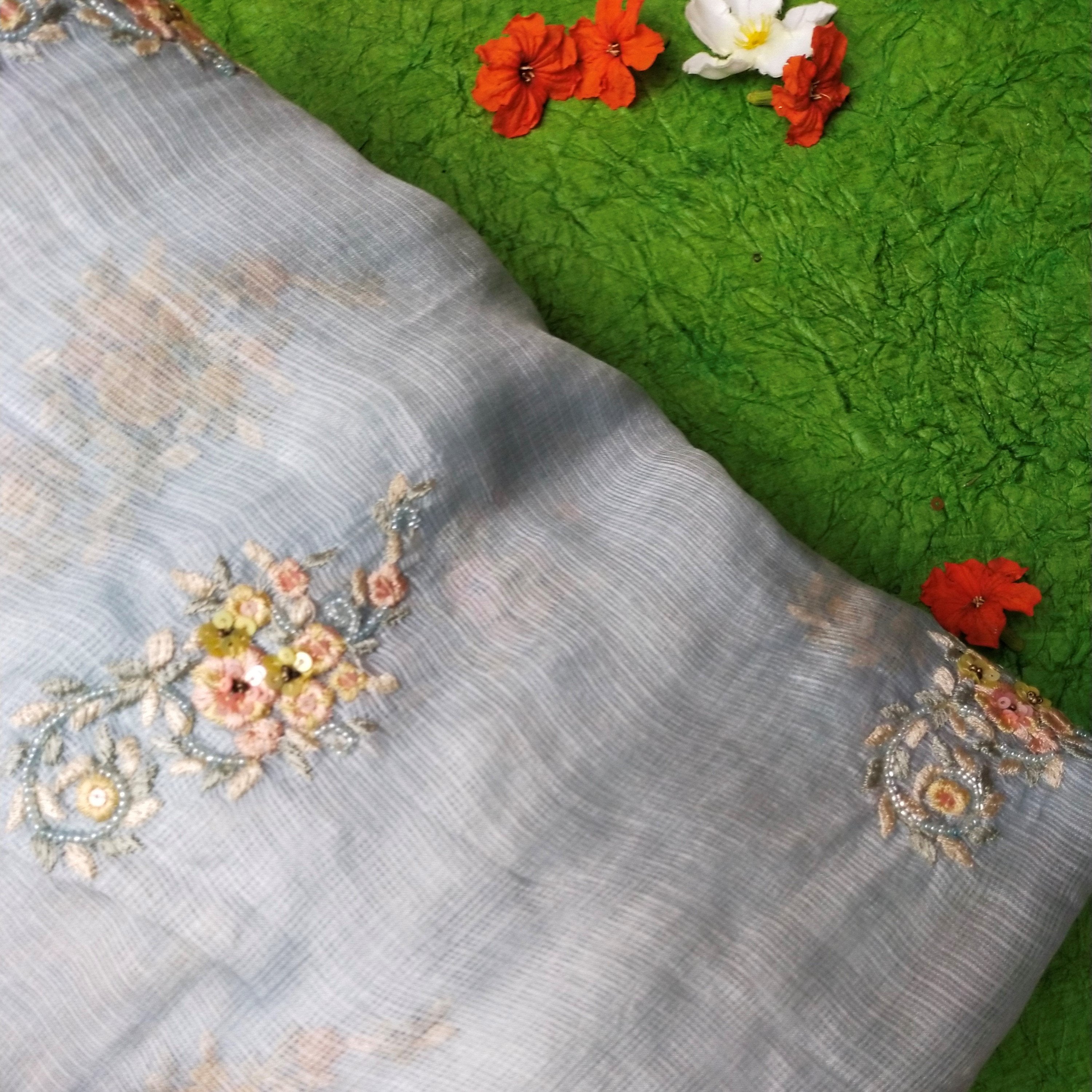 Grey Kota Silk Embroidery Fabric