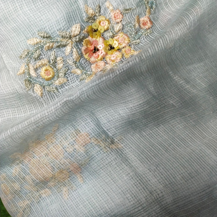 Grey Kota Silk Embroidery Fabric