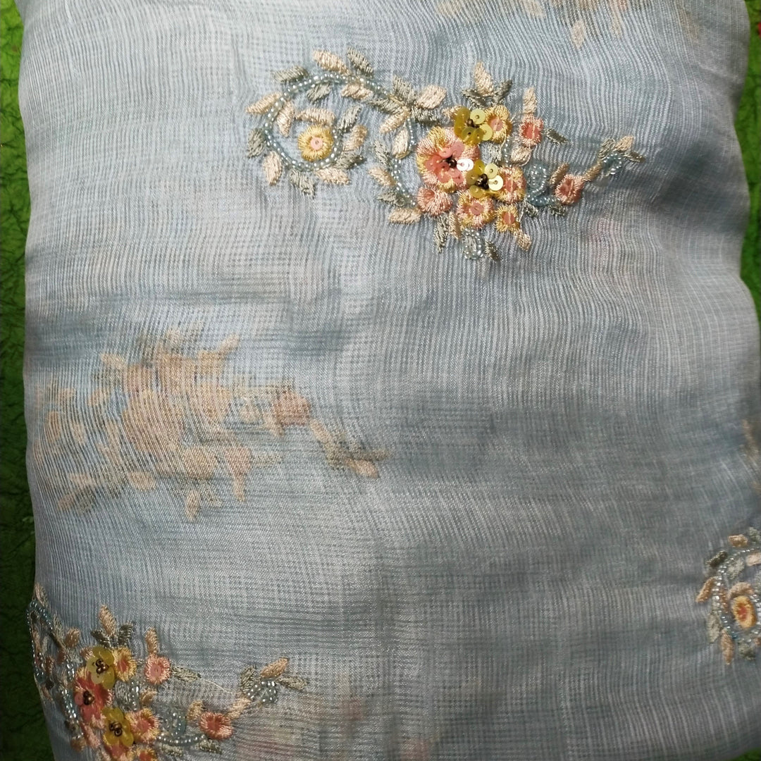 Grey Kota Silk Embroidery Fabric