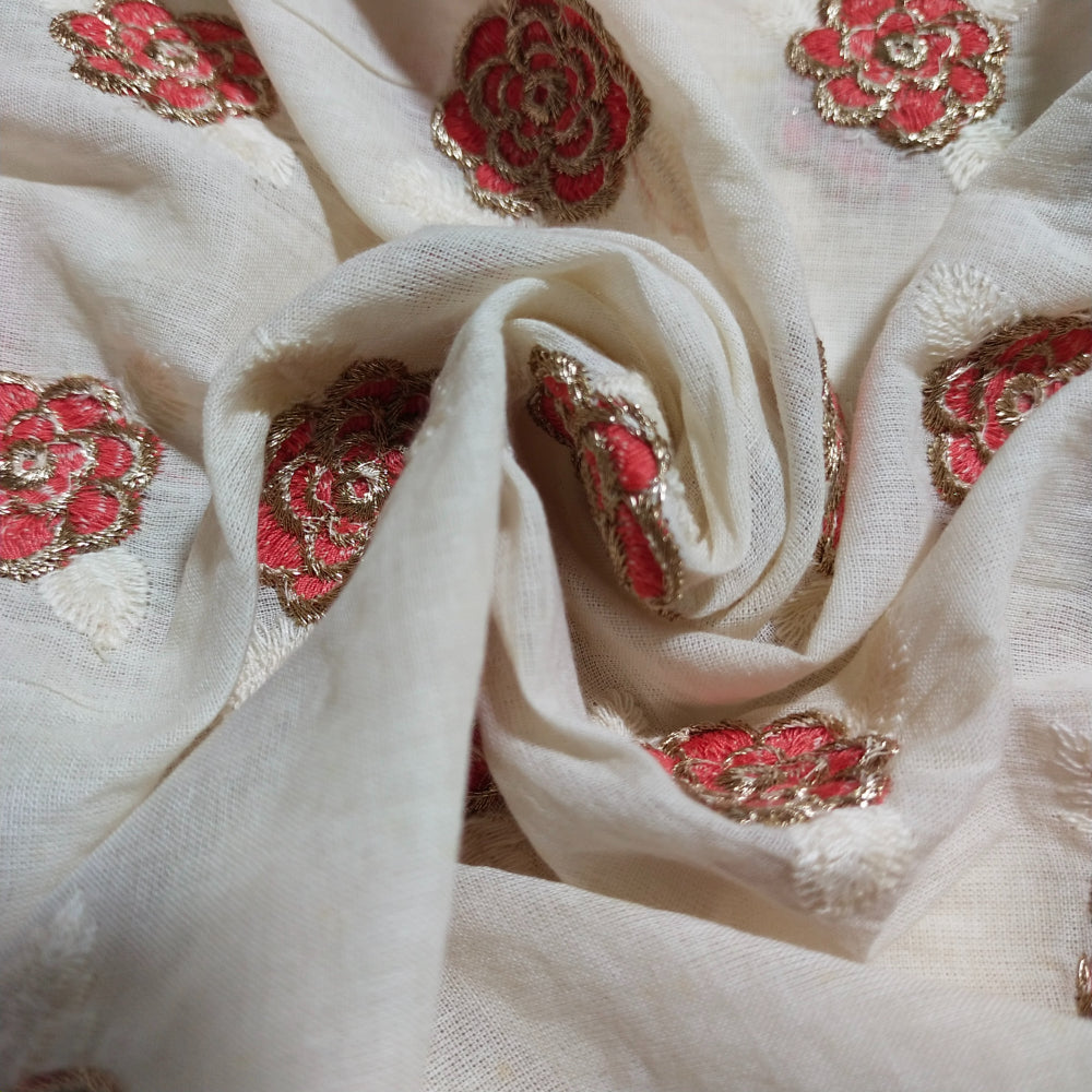 Pearl White Thread With Zari Butta Embroidered Cotton Fabric