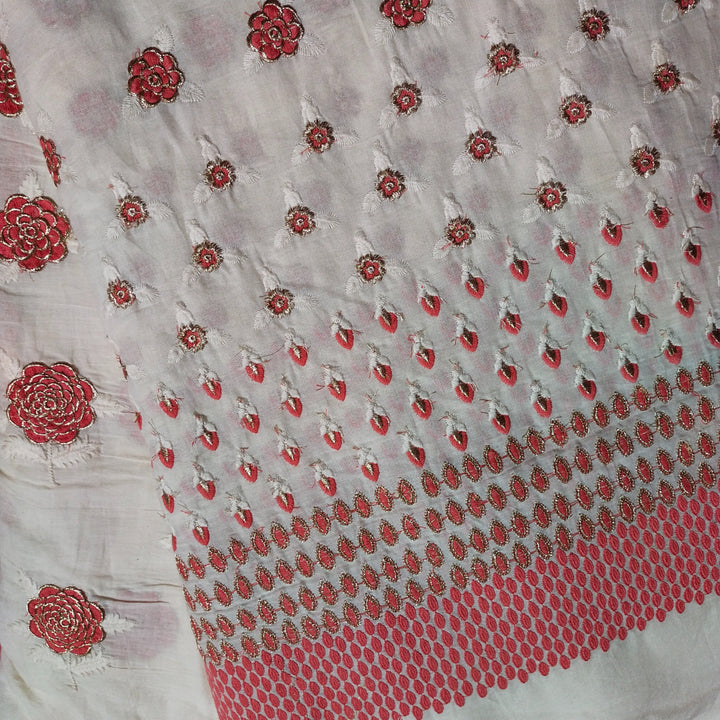 Pearl White Thread With Zari Butta Embroidered Cotton Fabric