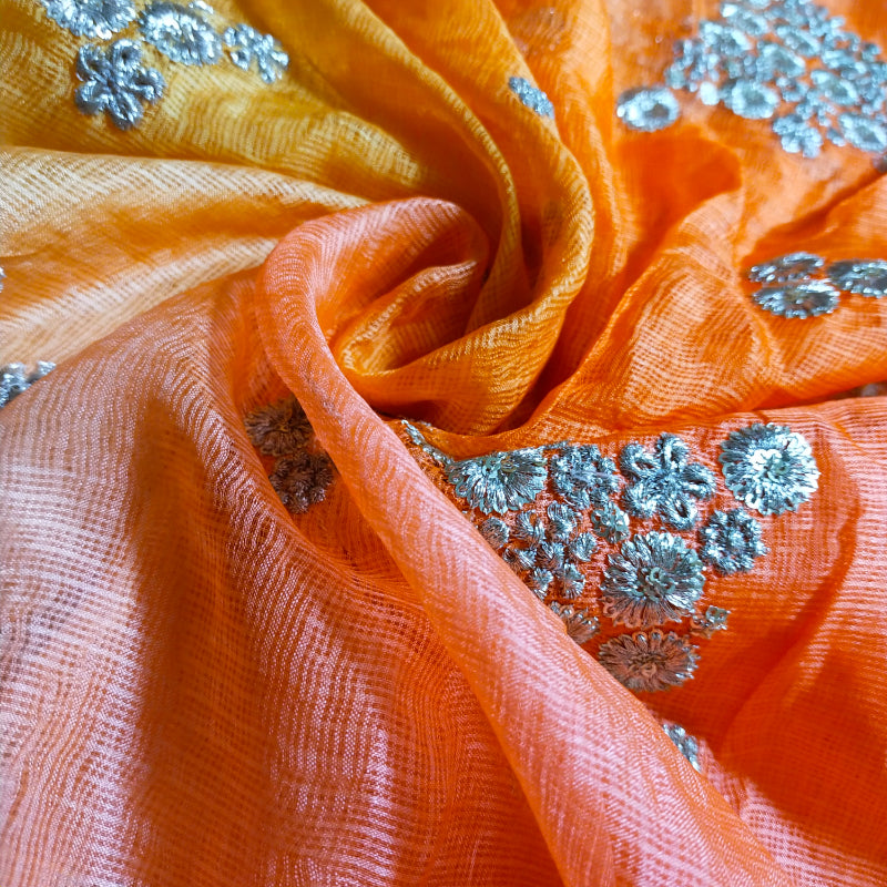 Dual Shade Half And Half  Embroidered Kota Silk Fabric