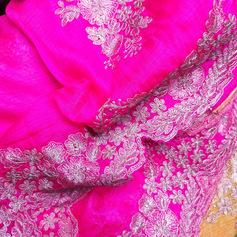 Pink And Orange Ombre Silk Embroidery Fabric