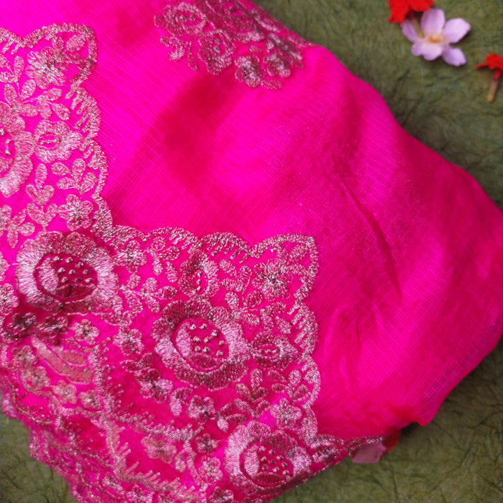 Pink And Orange Ombre Silk Embroidery Fabric