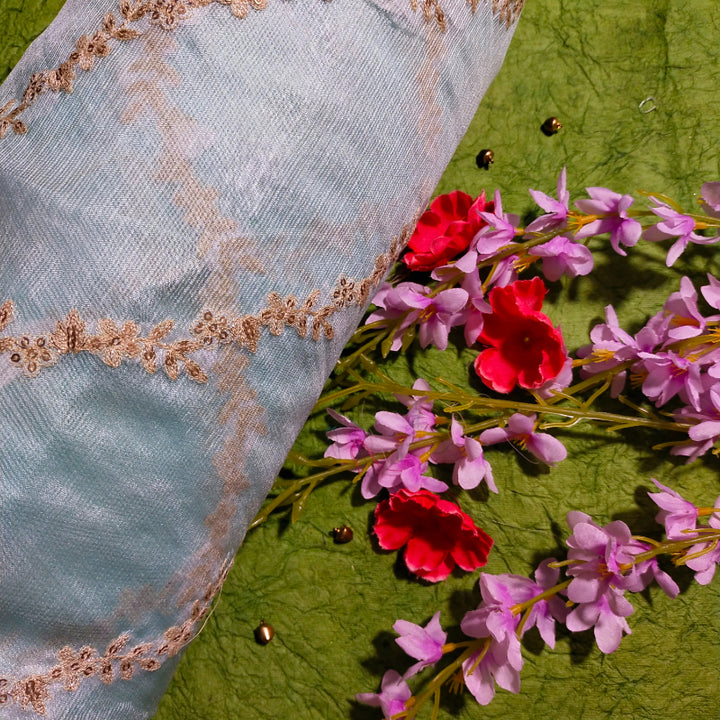 Powder Blue Embroidered Kota Silk Fabric