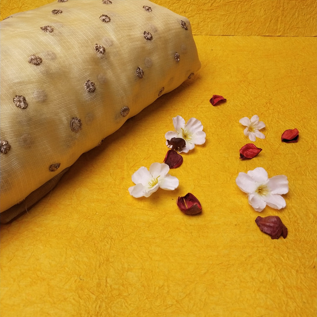 Butter Yellow Kota Silk Embroidery Fabric