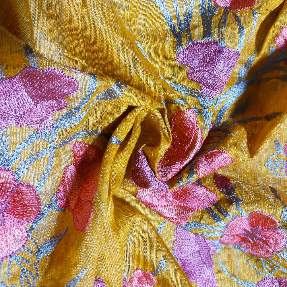 Golden Yellow Floral Jaal Thread Embroidered Matka Tissue Fabric