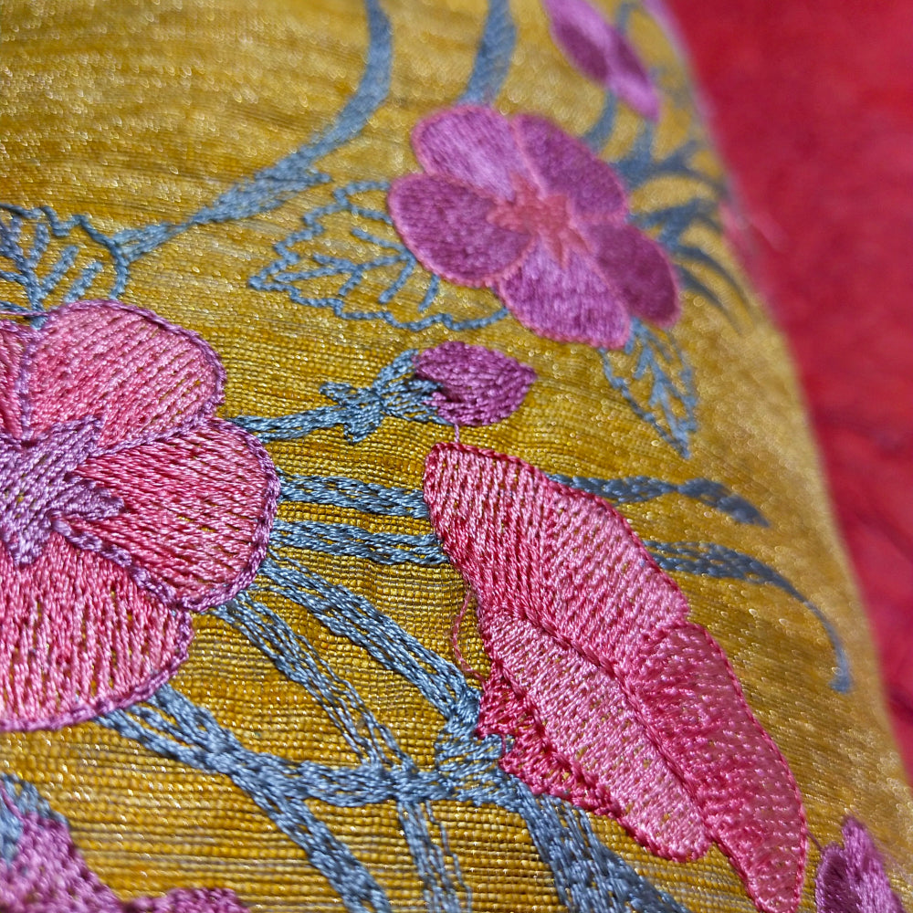 Golden Yellow Floral Jaal Thread Embroidered Matka Tissue Fabric