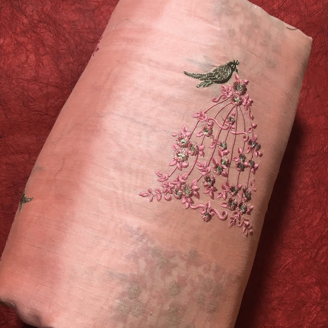 Peach Orange Chanderi Emboidery Fabric