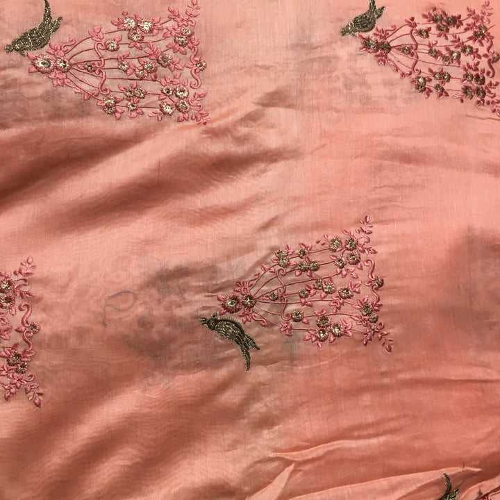 Peach Orange Chanderi Emboidery Fabric