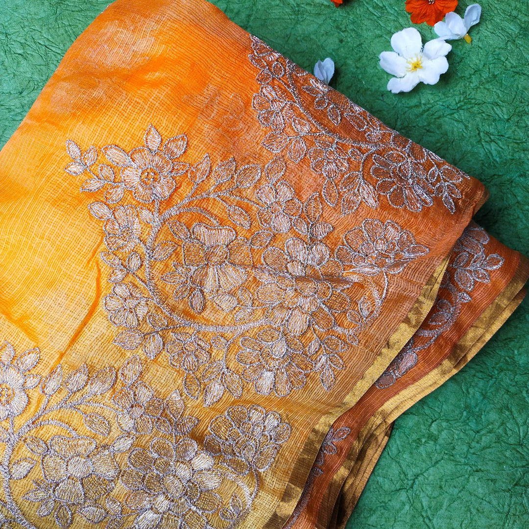 Shades Of Yellow Kota Silk Embroidery Fabric