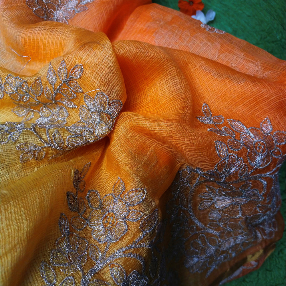 Shades Of Yellow Kota Silk Embroidery Fabric