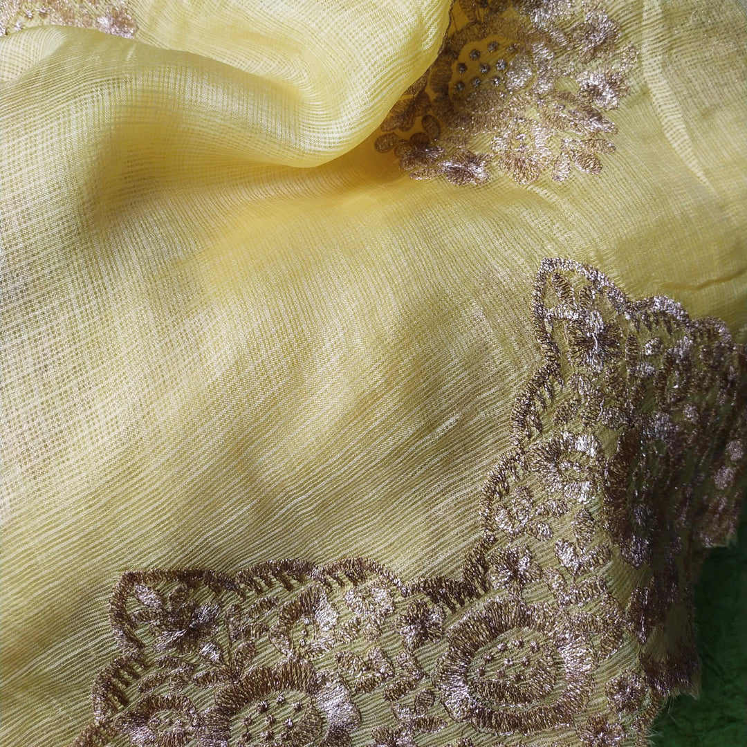 Butter Yellow Kota Silk Embroidery Fabric