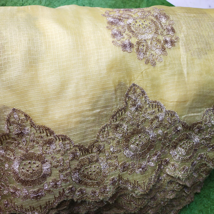 Butter Yellow Kota Silk Embroidery Fabric