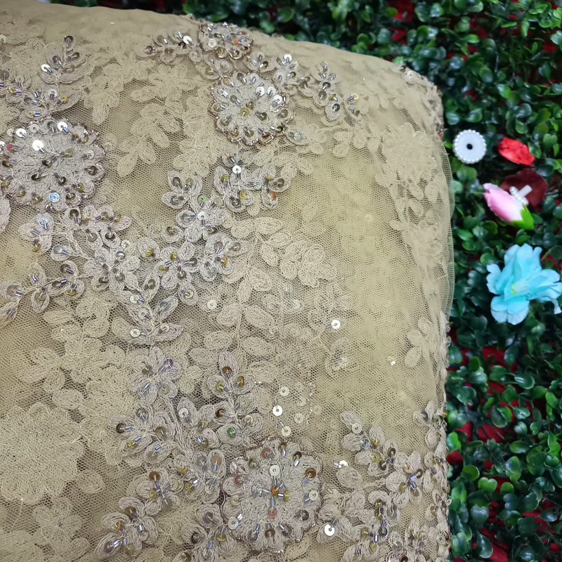 Cream Colour Net Fabric With Floral And Sequence Embroidery
