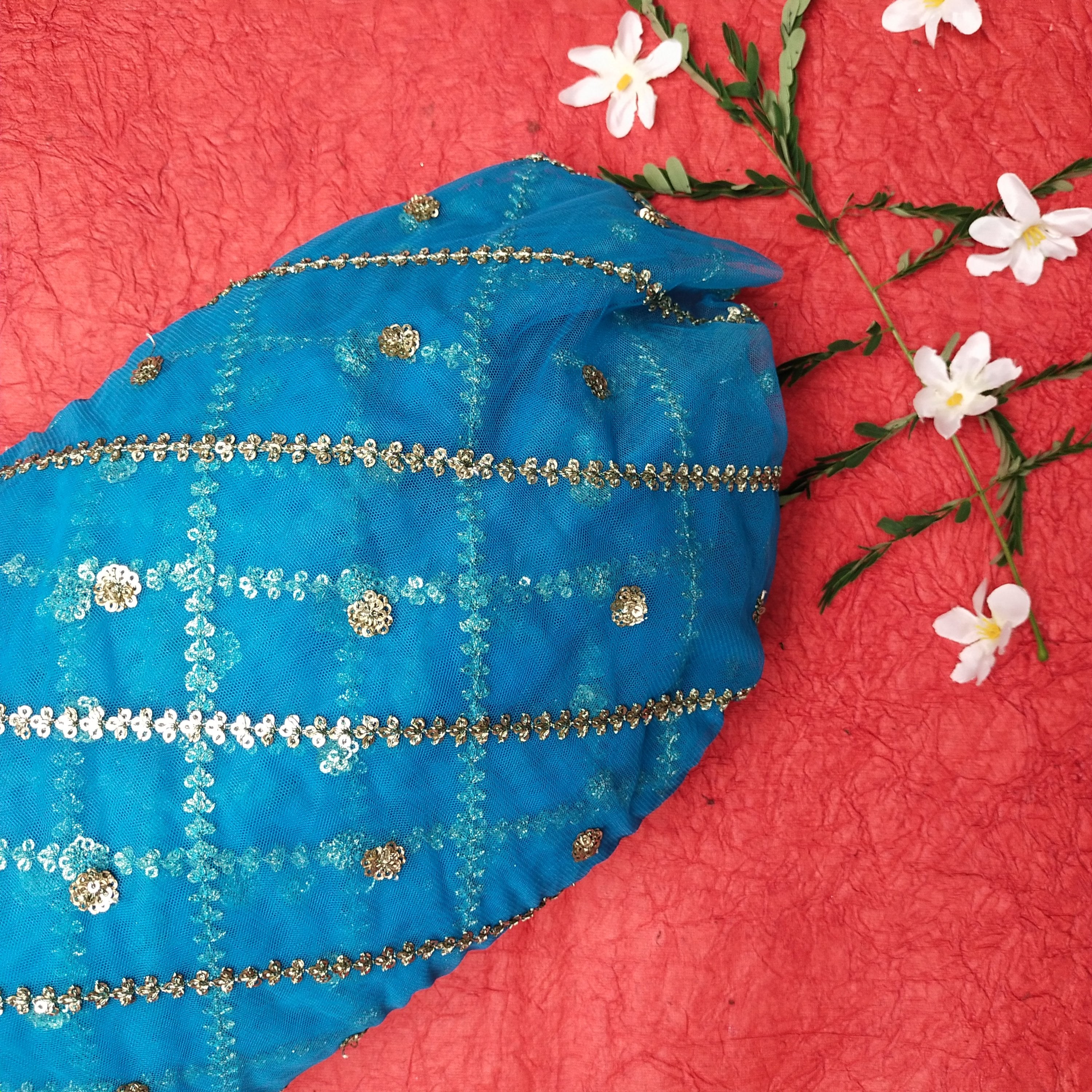 Cerulean Blue Net Embroidery Fabric