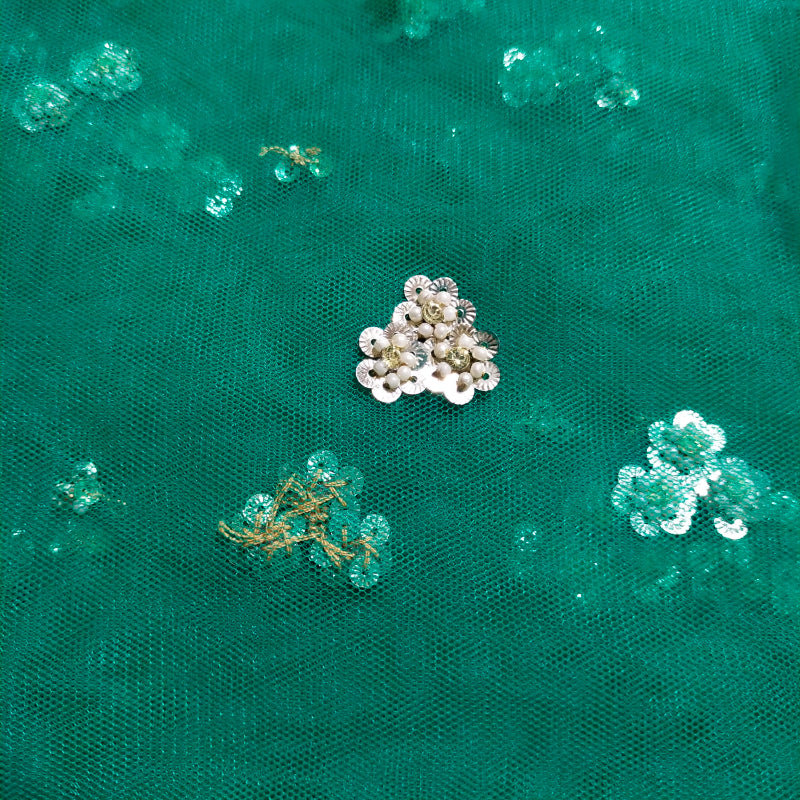 Bottle Green Sequins Embroidered Net Fabric