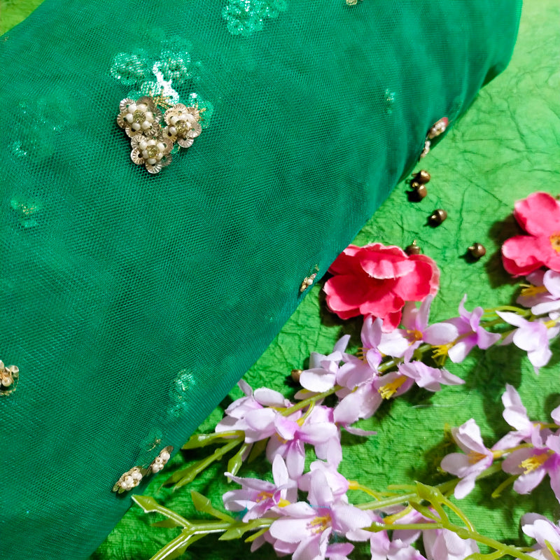 Bottle Green Sequins Embroidered Net Fabric