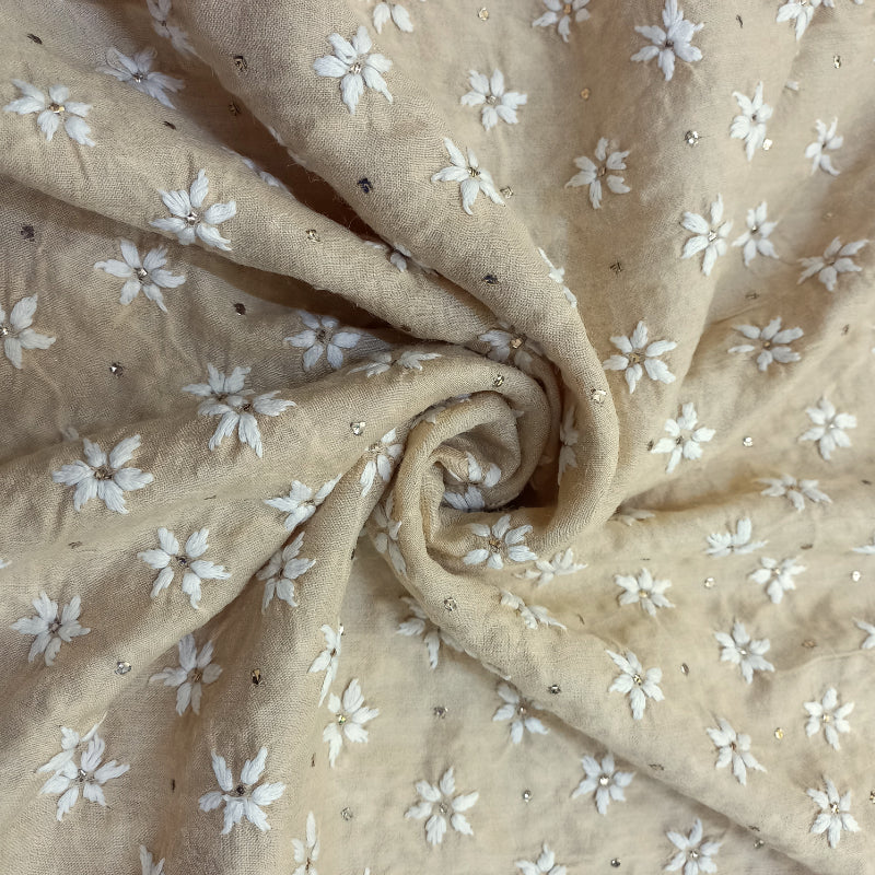 Beige Color Thread And Mokaish Work Muga Tussar Silk Fabric