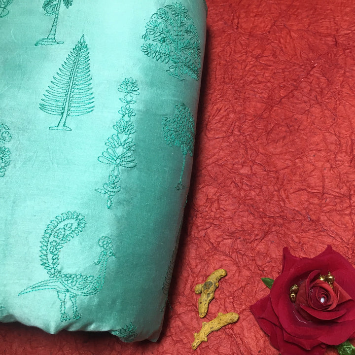 Cyan Blue Chanderi Embroidery Fabri