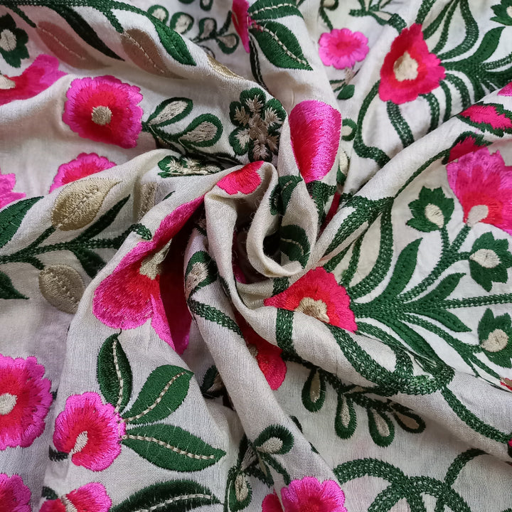 Off-White Color Tussar Fabric With Thread Embroidery