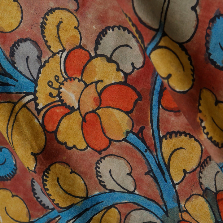 Pastel Red Color Dupion Silk Fabric With Floral Pattern