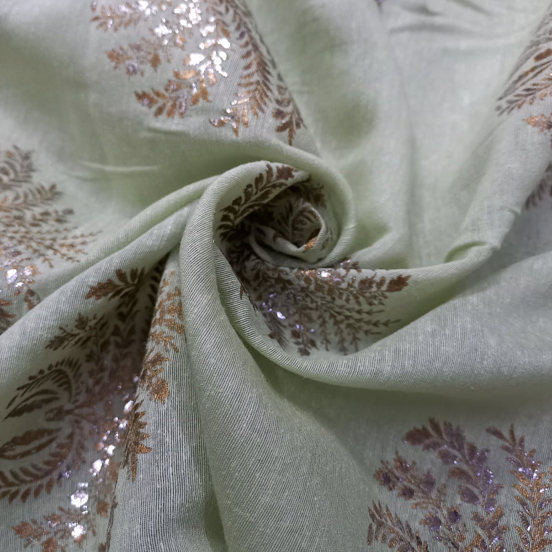 Tea Green Color Foil Printed Linen Fabric