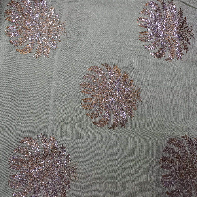 Tea Green Color Foil Printed Linen Fabric