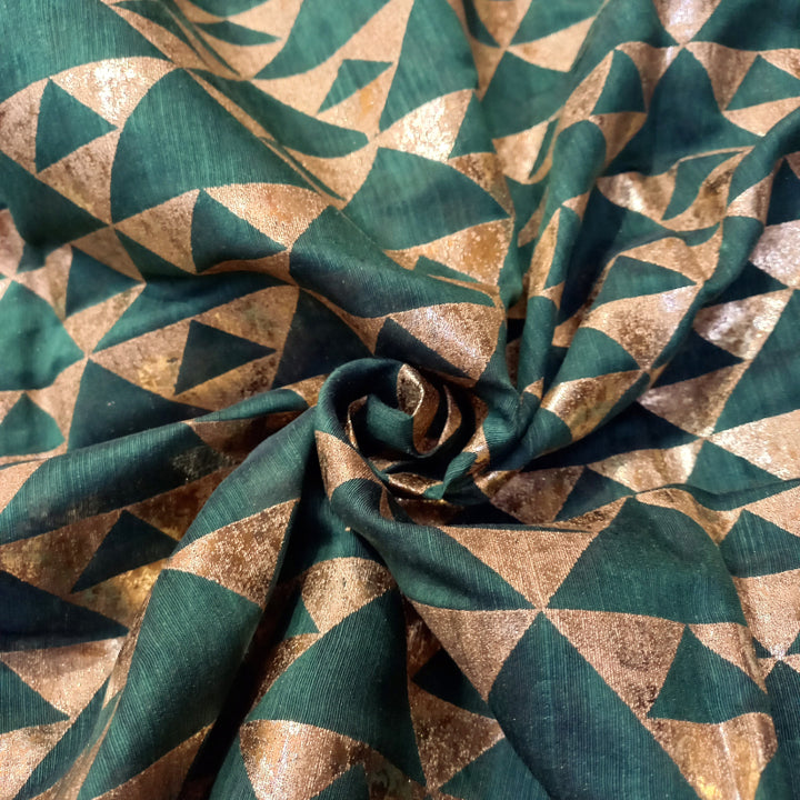 Bottle Green Color Foil Printed Linen Fabric