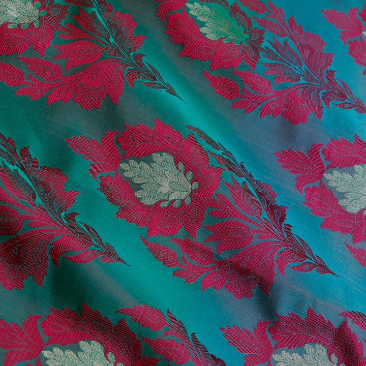 Dark Green Color Silk Fabric With Floral Motifs