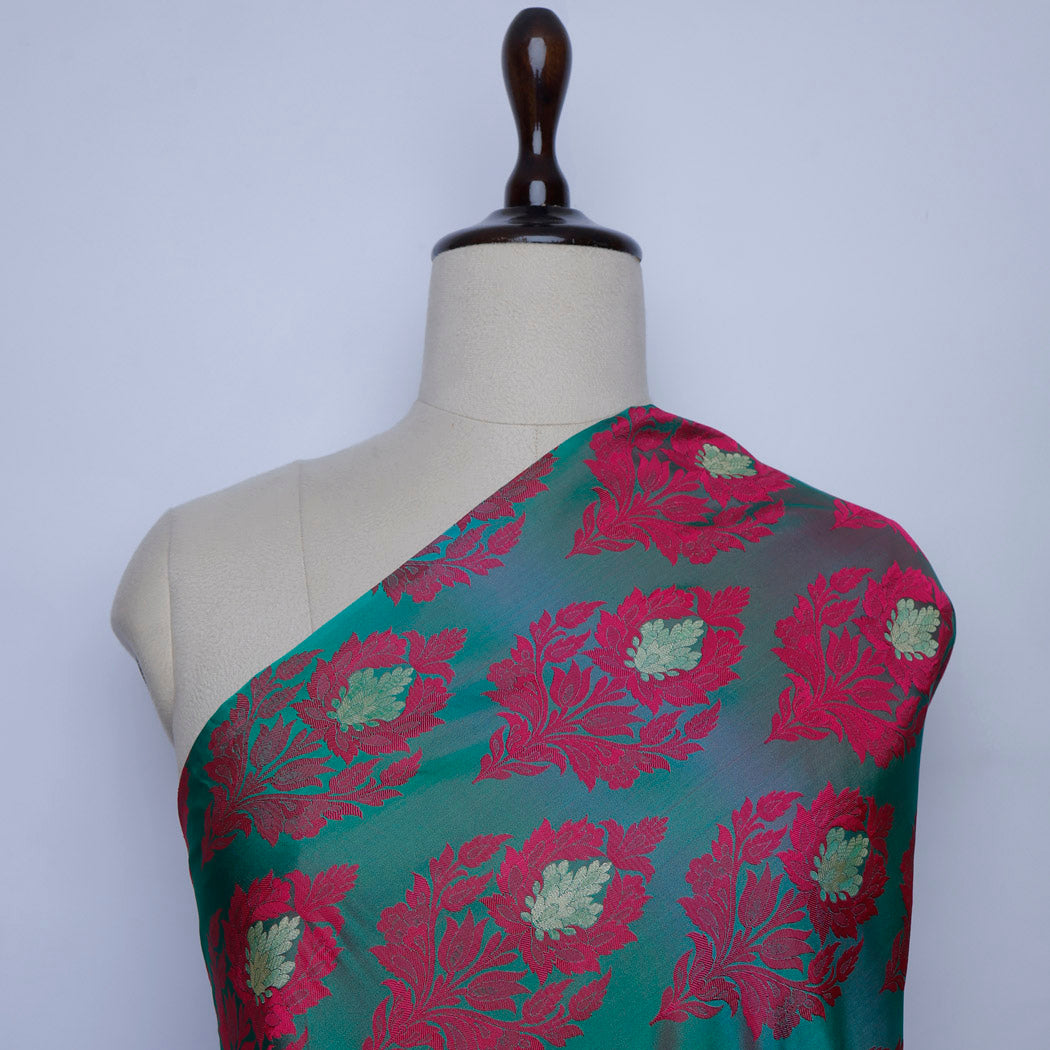 Dark Green Color Silk Fabric With Floral Motifs