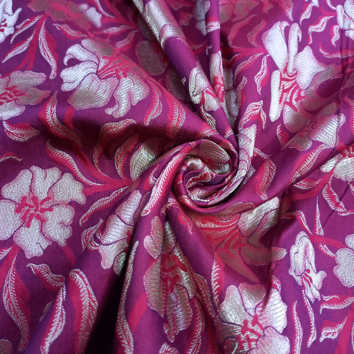 Shades Of Pink And Violet Colour Jamawar Silk Fabric With Floral Pattern