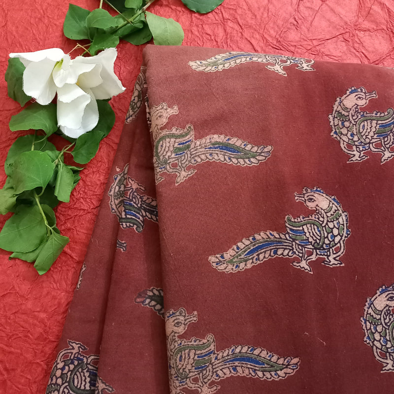 Sangria Red Color Cotton Fabric With Peacock Motif Digital Print