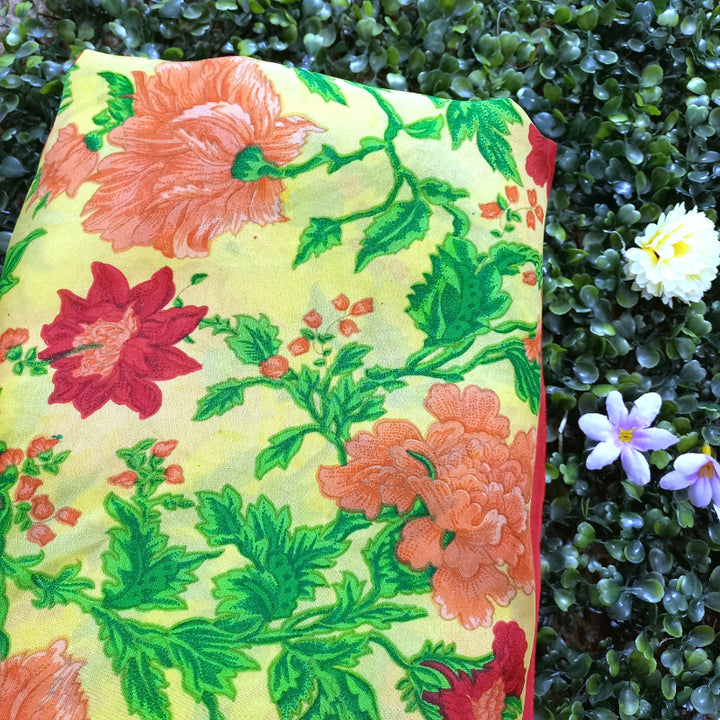 Pastel Yellow Color Floral Jaal Silk Fabric