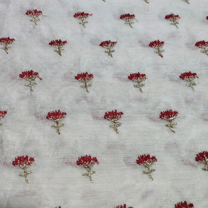 White Floral-Buta Thread and Zari Embroidered Chanderi Fabric