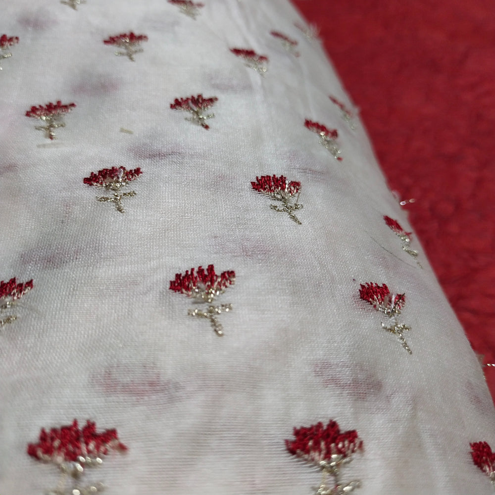 White Floral-Buta Thread and Zari Embroidered Chanderi Fabric