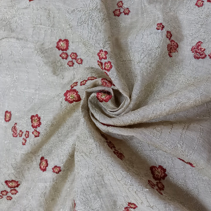 Off-White Color Thread And Zari Embroidered Muga Tussar Silk Fabric
