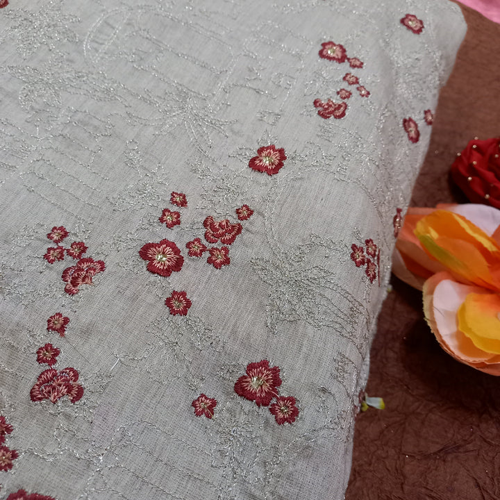 Off-White Color Thread And Zari Embroidered Muga Tussar Silk Fabric