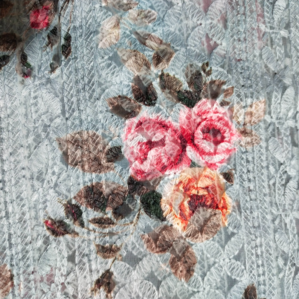 Bluish Grey Multicolor Floral Print with Chikankari Work Georgette Fabric