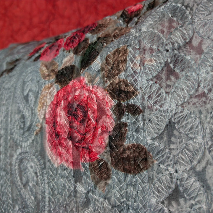 Bluish Grey Multicolor Floral Print with Chikankari Work Georgette Fabric