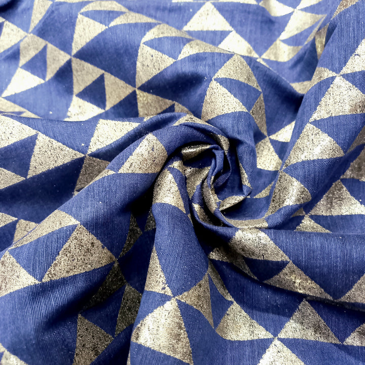 Navy Blue Color Foil Printed Linen Fabric