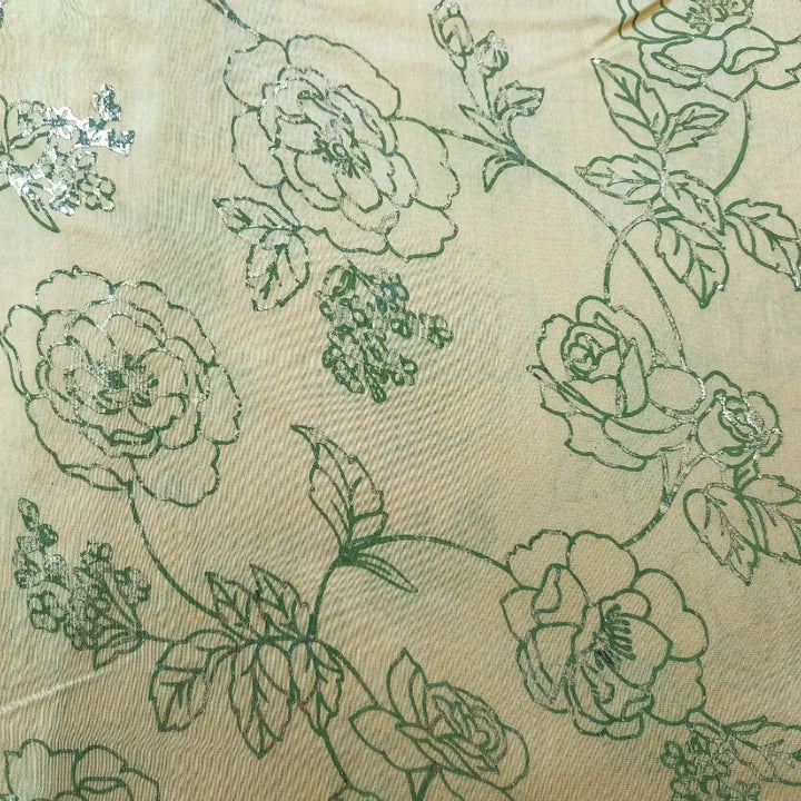 Beige Color Floral Foil Printed Chanderi Fabric