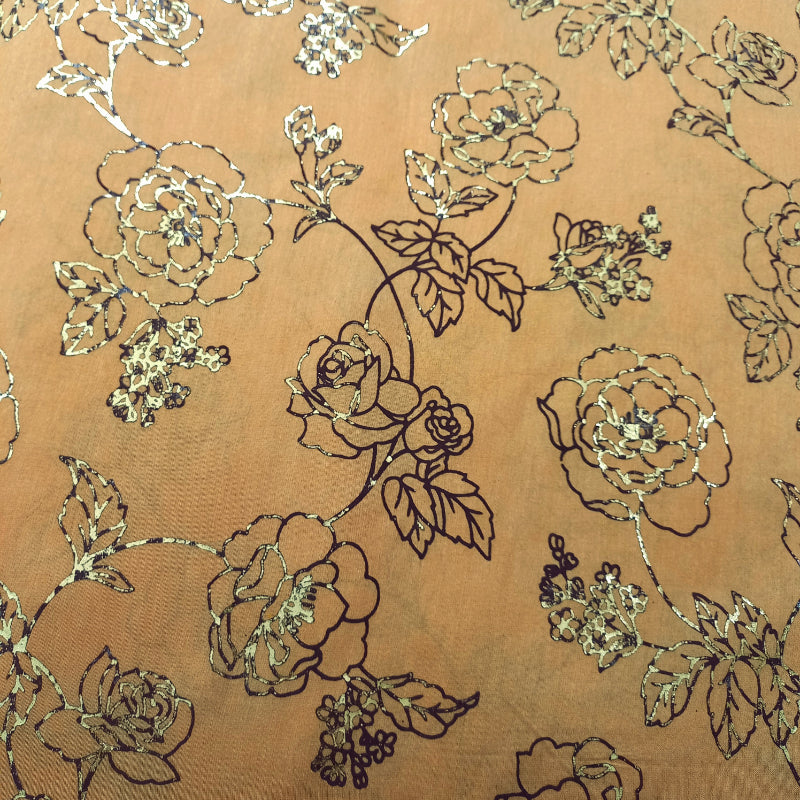 Camel Beige Color Floral Foil Printed Chanderi Fabric