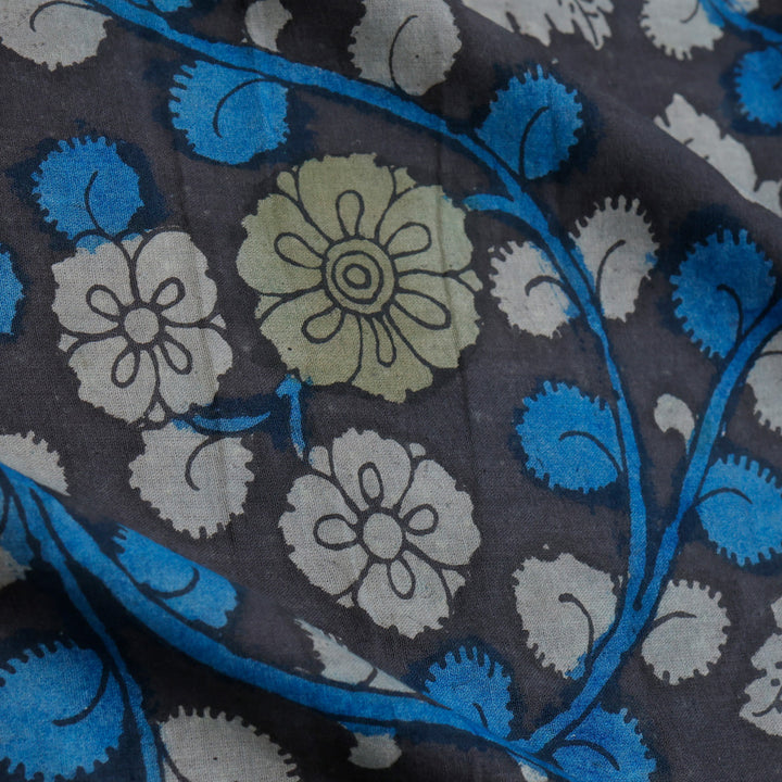 Dark Blue Color Dupion Silk Fabric With Floral Pattern