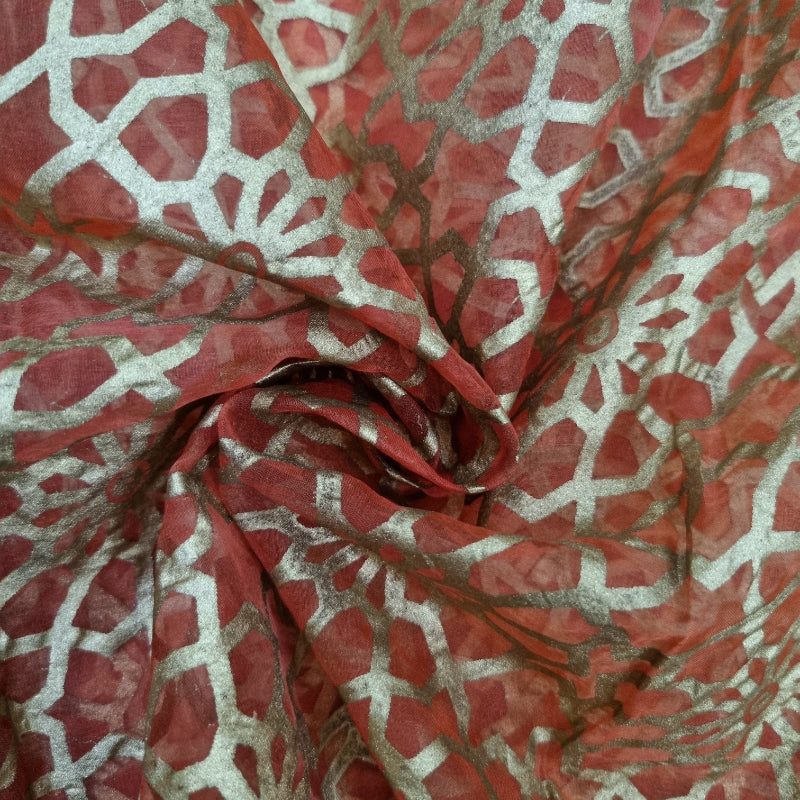 Dark Brick Red Color Foil Printed Organza Fabric