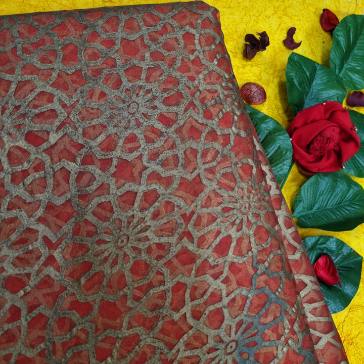 Dark Brick Red Color Foil Printed Organza Fabric